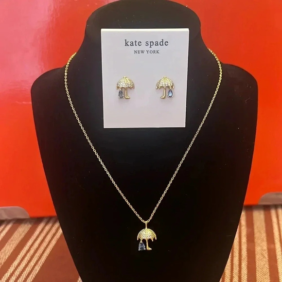 NWT Kate Spade Rain Or Shine Mini Pendant Necklace & Pavé Stud Earrings Set - Picture 1 of 7